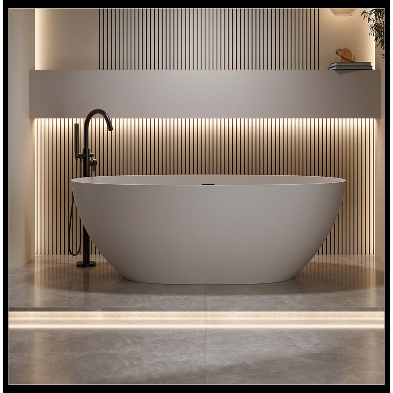63'' Freestanding Bathtub Resin Stone Soaking Bathtub Solid Surface Modern Tubs with Overflow and Pop-up Drain, Beige