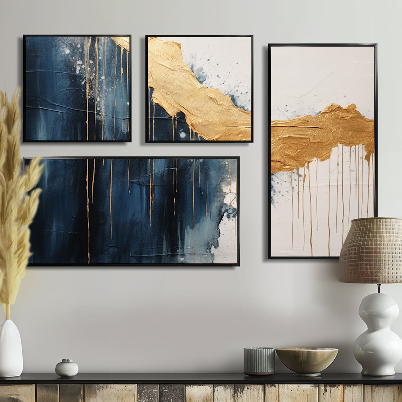 «Waves Of Joy Minimal Nova» - 4 impressions sur toile modernes, Noir, Impression encadrée sans passe-partout
