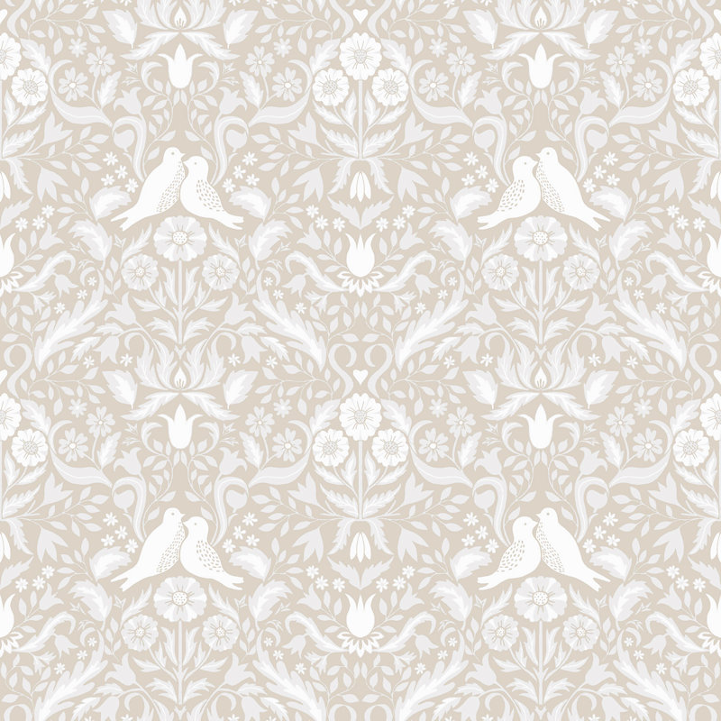 Niki Floral Damask Birds 10m x 53cm Wallpaper Roll, Beige