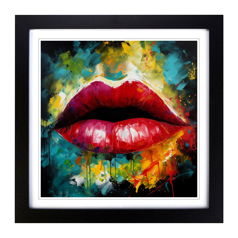 Lips Abstract Expressionism No.1 - Single Picture Frame Print on Wood, Black