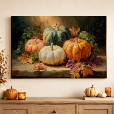 Citrouilles colorées - Décoration murale automnale lumineuse, impression sur toile tendue de 61 cm (H) x 91 cm (L), prête à être accrochée dans la salle à manger, la cuisine ou le salon.