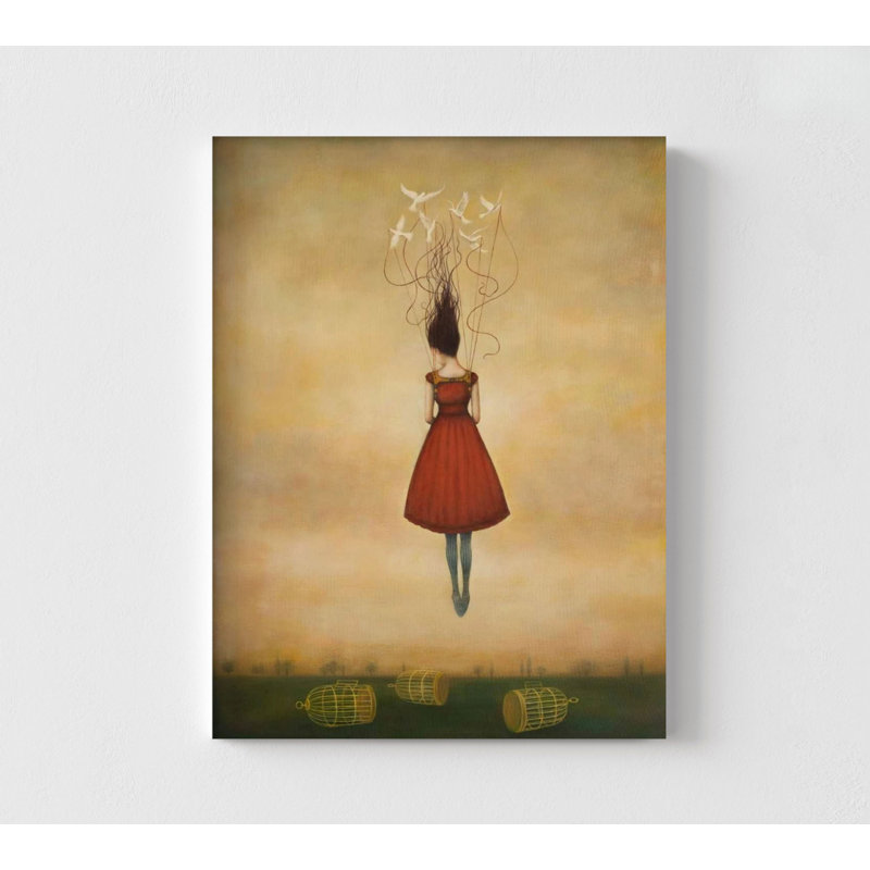 Surreal wall art print featuring a girl in a red dress floating above three birdcages with white birds tethered to her hair.
