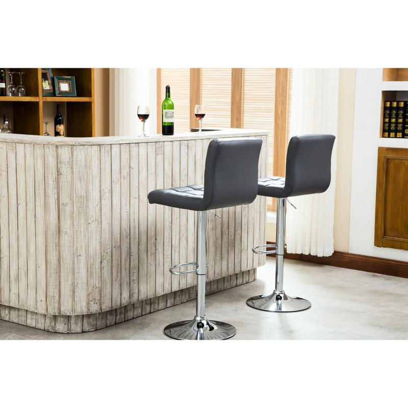 2pcs Gray Faux Leather Stools With 360 Degree Swivel, Adjustable Hydraulic Height And Base Swivel Bar Pair - Upholstery, Chromed Base, Rotation,