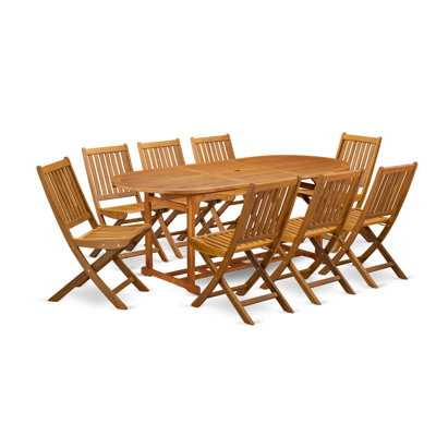 9 Piece Patio Garden Table Set Includes an Oval Outdoor Acacia Wood Dining Table and 8 Folding Side Chairs, 36x79 Inch, Natural Oil