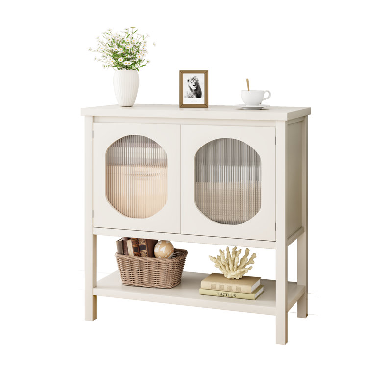 Armoire à café avec rangement en blanc - Console avec portes en verre et design en bois texturé pour le salon ou le couloir