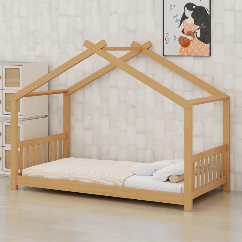 Lit plateforme House avec tête et pied de lit, toit, Naturel