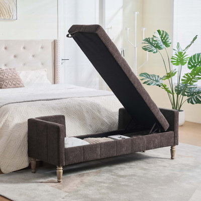 Banc de rangement tapissier en chenille de 64,6 po de largeur avec accoudoirs, dossier et traversins pour une utilisation polyvalente dans plusieurs pièces