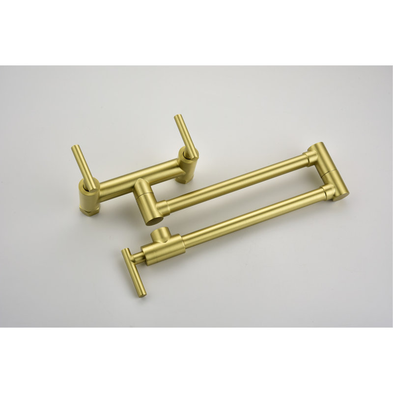 Pot Filler Faucets - Brass, Gold, Both Hot Cold Water, 3 Handles, 2 Holes, Wall Mount, Arm Movement, Corrosion Finish Gold Kitchen Sink Faucet And Supply, Installation, Layer, Gentle Water Current