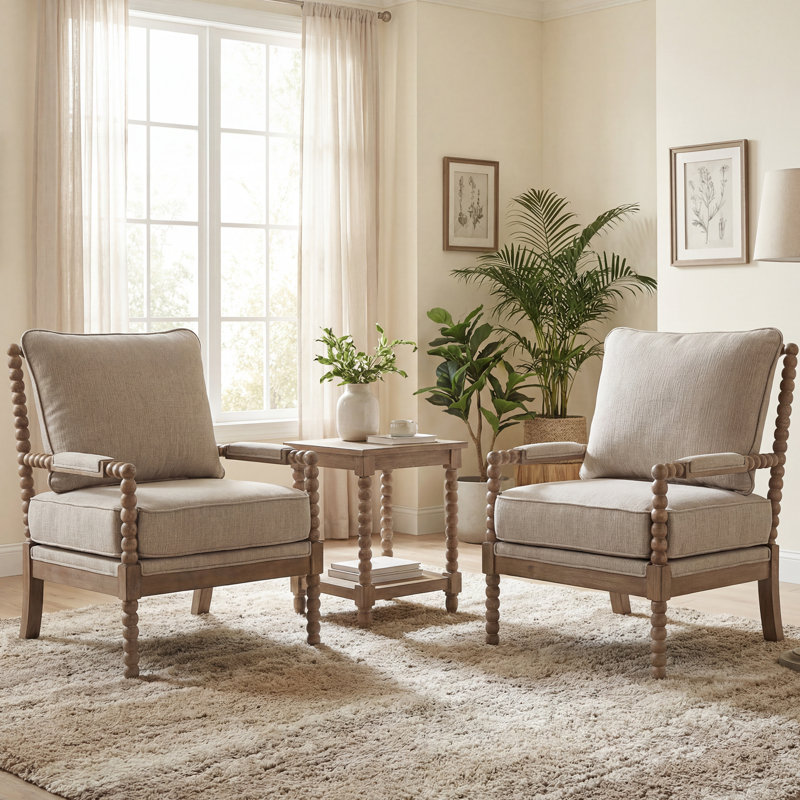 Ocelia Elegant 25.5" Wide Spindle Leg Accent Chair With Cushioned Back And Seat, Beige Polyester, Brown