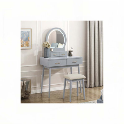 Beautiful Gray Finish Vanity Dresser with Mirror and Stool Set Storage Drawers Luxury Furniture 1pc LED Mirror