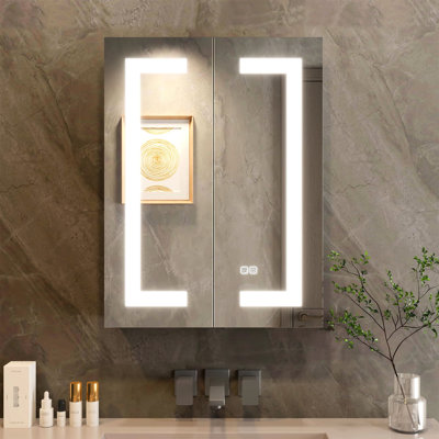 Led Bathroom Cabinet Mirror 32"24" - Fog, Dimmable 3 Color Temp, 2 Doors, Adjustable Shelf, Sockets, , Silver Surface Mount Medicine With Luminous