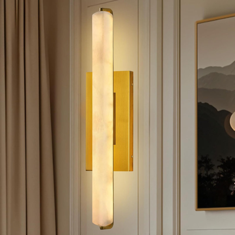Dimmable LED Wall Mounted Sconce With Alabaster Shade, 21.6" H x 4.7" W x 5.7" D, Brass