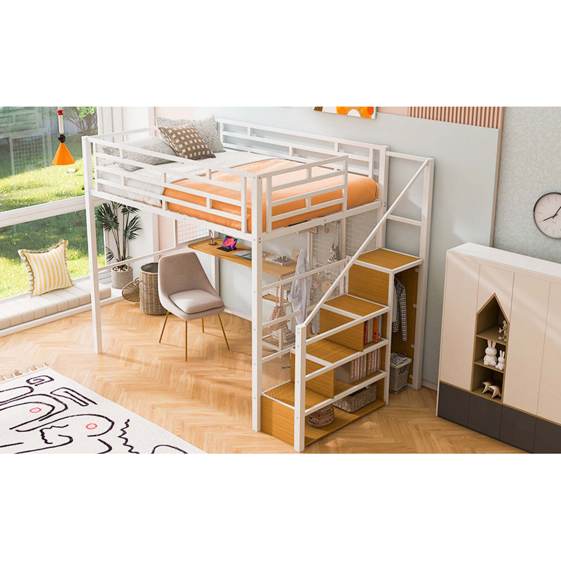 Lit mezzanine double en métal avec garde-robe, bureau, tablettes de rangement, blanc