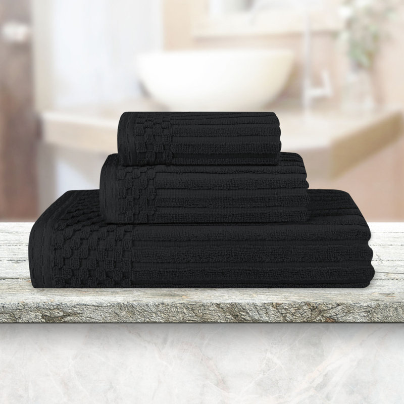 Kaelea Soho Cotton Ribbed Checkered Border Medium Weight 3 Piece Assorted Bathroom Towel Set, Teal, 3 Piece Towel set