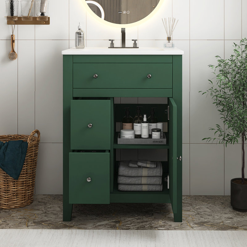 Meuble-lavabo de salle de bain moderne 24 po avec lavabo en céramique et 2 tiroirs Green, Vert