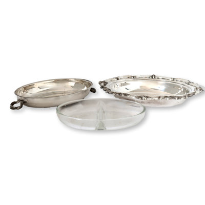Plat de service polyvalent en argent avec plaque en verre