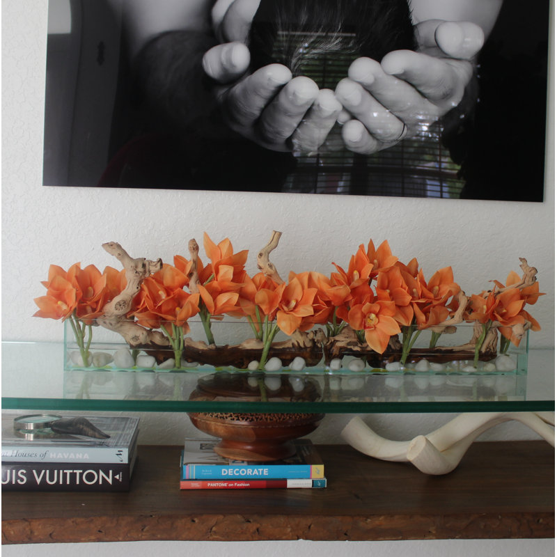Driftwood Cymbidium Orchids Centerpiece in Glass Planter, 8" H x 24" W x 6" D, Orange
