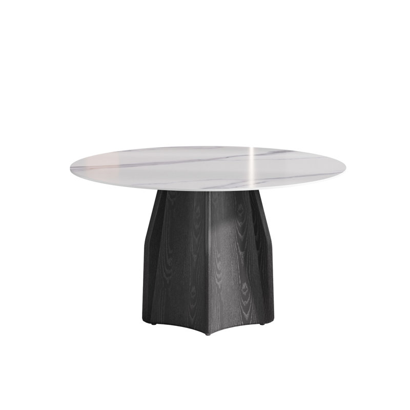Table de salle à manger 53 po ronde en pierre frittée blanche avec base en bois massif et 6 pièces