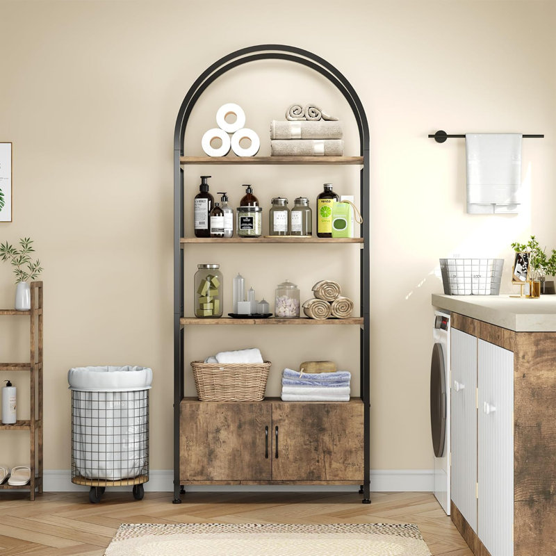 Arched Bookshelf, Bookcase With Doors Storage, Brown