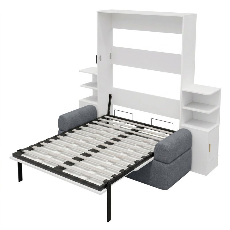 Lit escamotable en MDF et bois de pin avec canapé et armoires de rangement, Blanc / Gris
