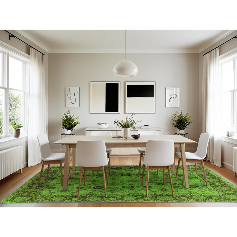 Tapis vert moyen lavable 1238 Mid-Century, Rectangle 7 pi x 10 pi