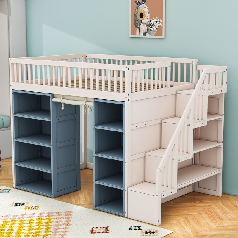 Full Loft Bed With Storage Shelves And Staircases