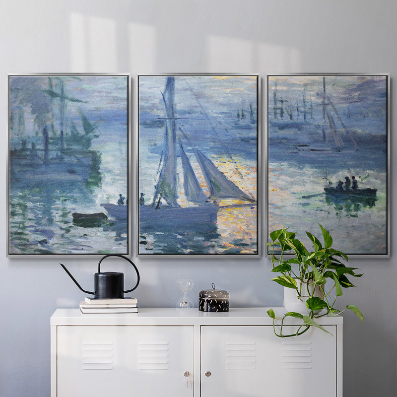 Ensemble de 3 pièces encadrées sur toile Monet, H 40 po x l 78 po x P 2 po, Encadrement argenté