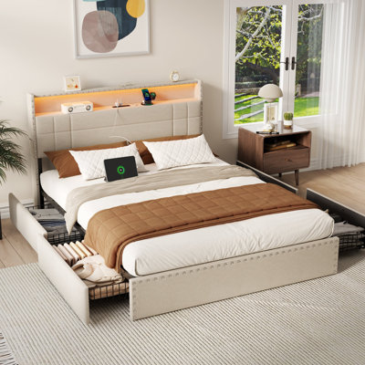 Full Modern Upholstered Platform Bed Frame with LED Lights, Charging Station, 4 Storage Drawers, Metal Slats Support, USB & Type-C, No Box Spring Needed