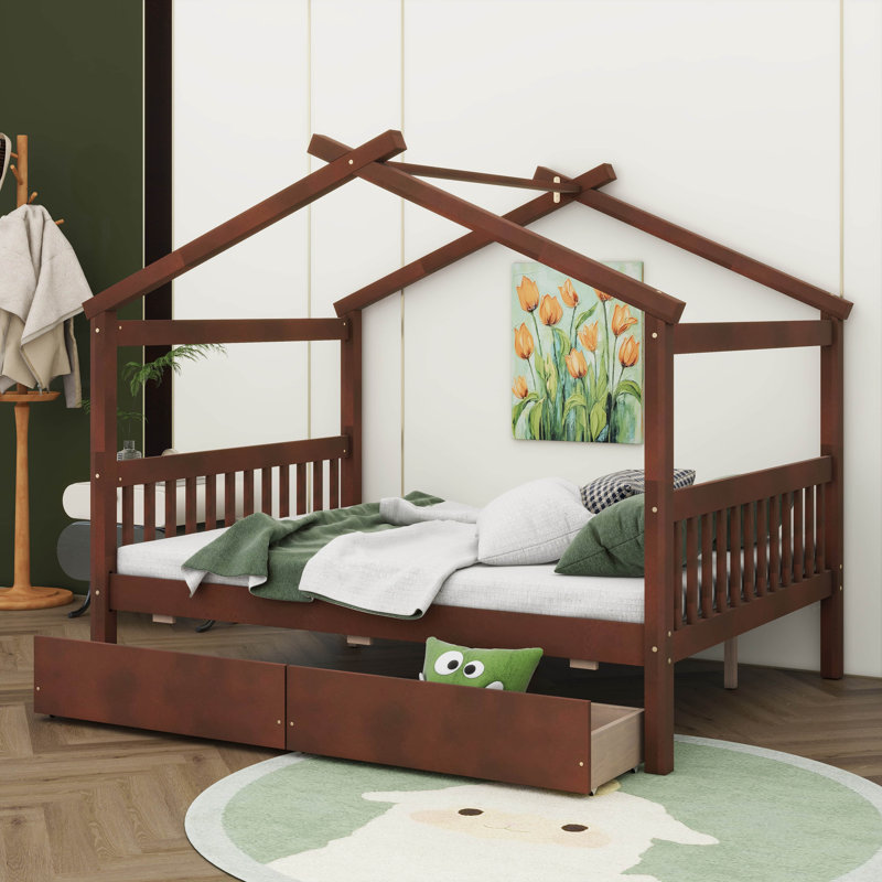 Wooden House Bed With Drawers, Full, Walnut