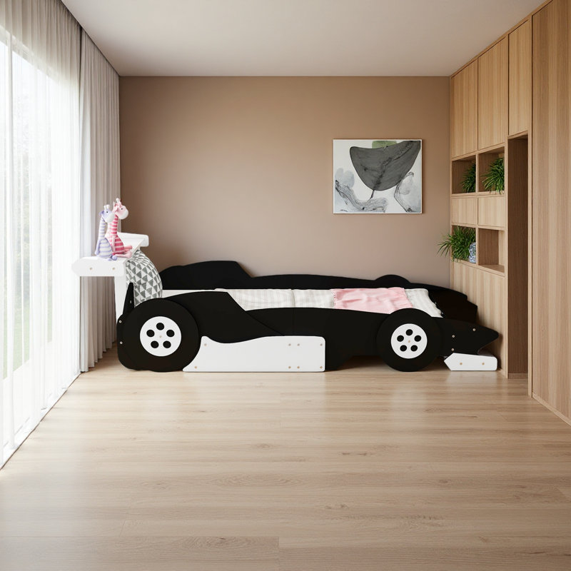 Lit plateforme simple en forme de voiture de course avec roues,, Noir