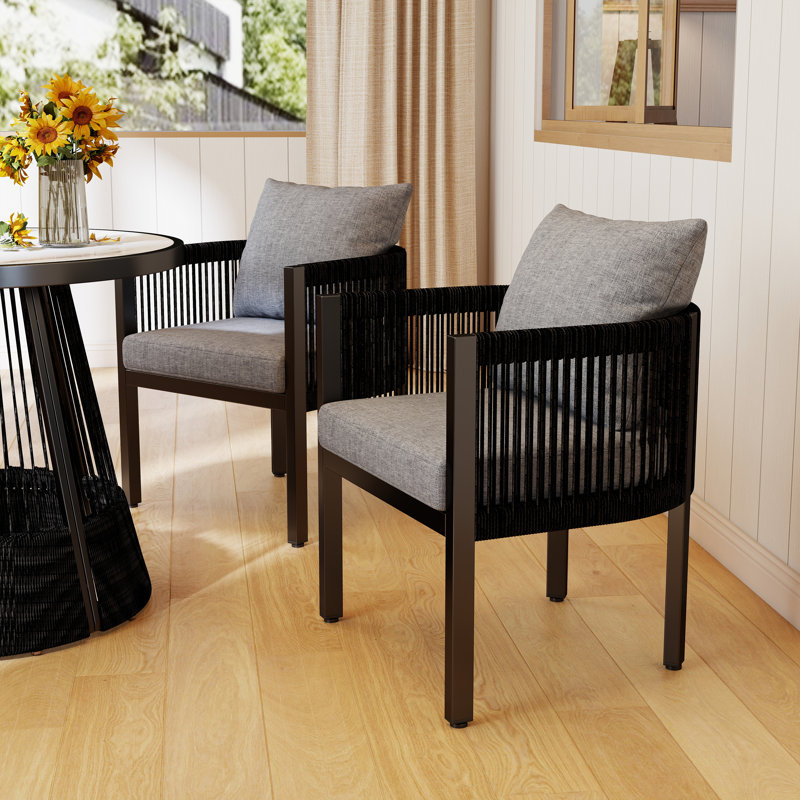 Outdoor Patio Dining Armchair with Cushion, Beige, Light Wood Grain