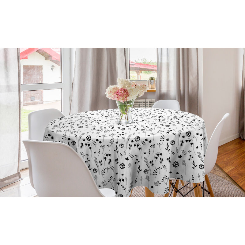 Ambesonne Floral Round Tablecloth, Contemporary Design Of Branches Flowers With Heart Shaped Blossoms, Circle Table Cloth Cover For Dining Room Kitchen Decoration, 60", Charcoal Grey And White