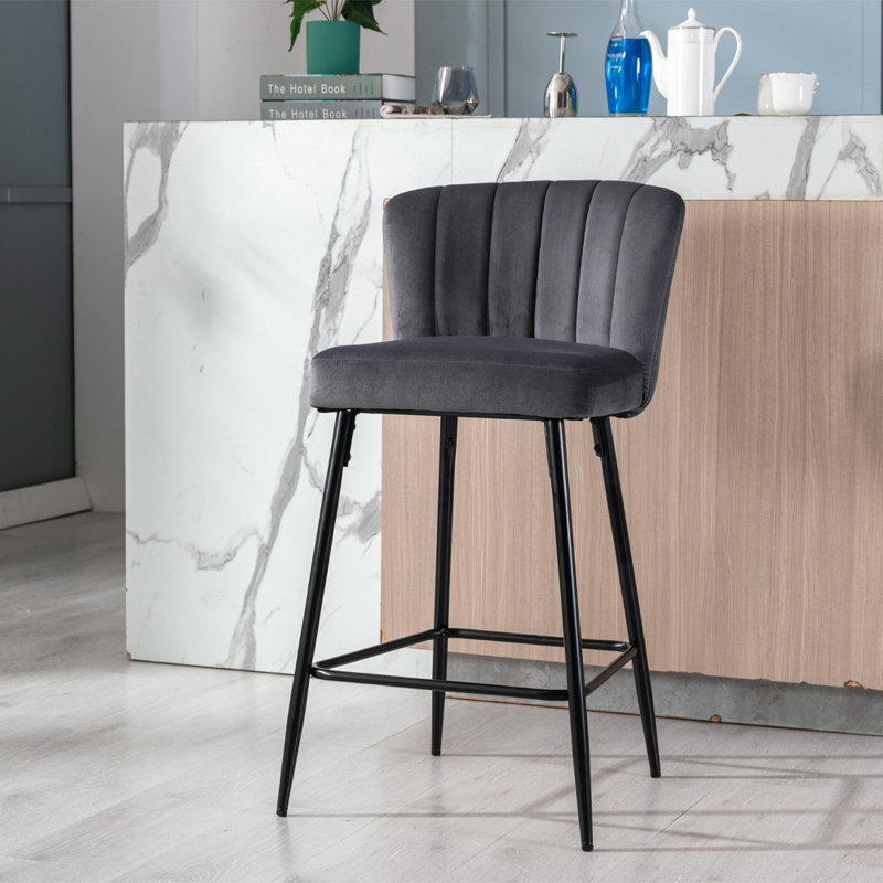 Lauterbach Upholstered Counter Stool with Metal Frame, Grey Velvet