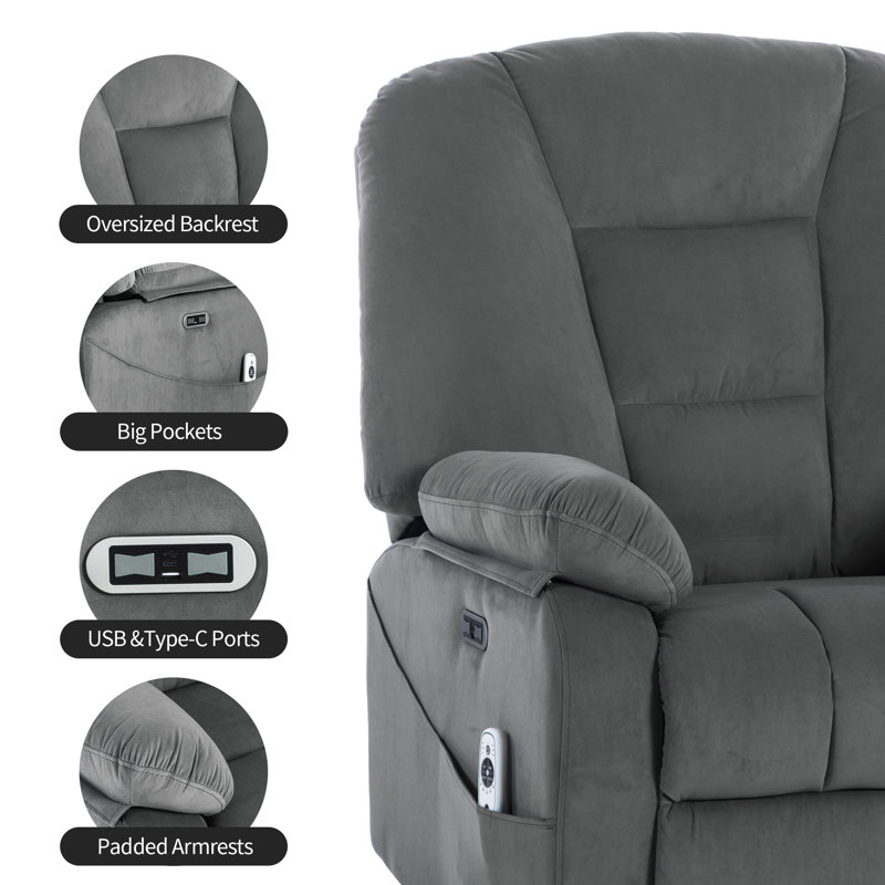 Latitude Run® Oversized Power Swivel Rocker Recliner Chair for Adults  with Heat and Massage, Dark Gray