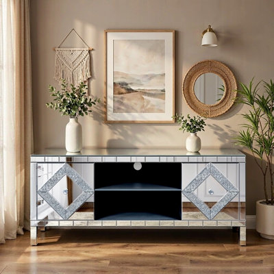 Meuble télé de 47 pouces avec portes en verre à effet diamant, centre de divertissement moderne avec rangement ouvert, compatible avec les téléviseurs jusqu'à 50 pouces, argent