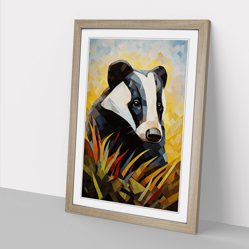 Badger Cubism Art - Framed Print, 64cm H x 46cm W, Oak Framed