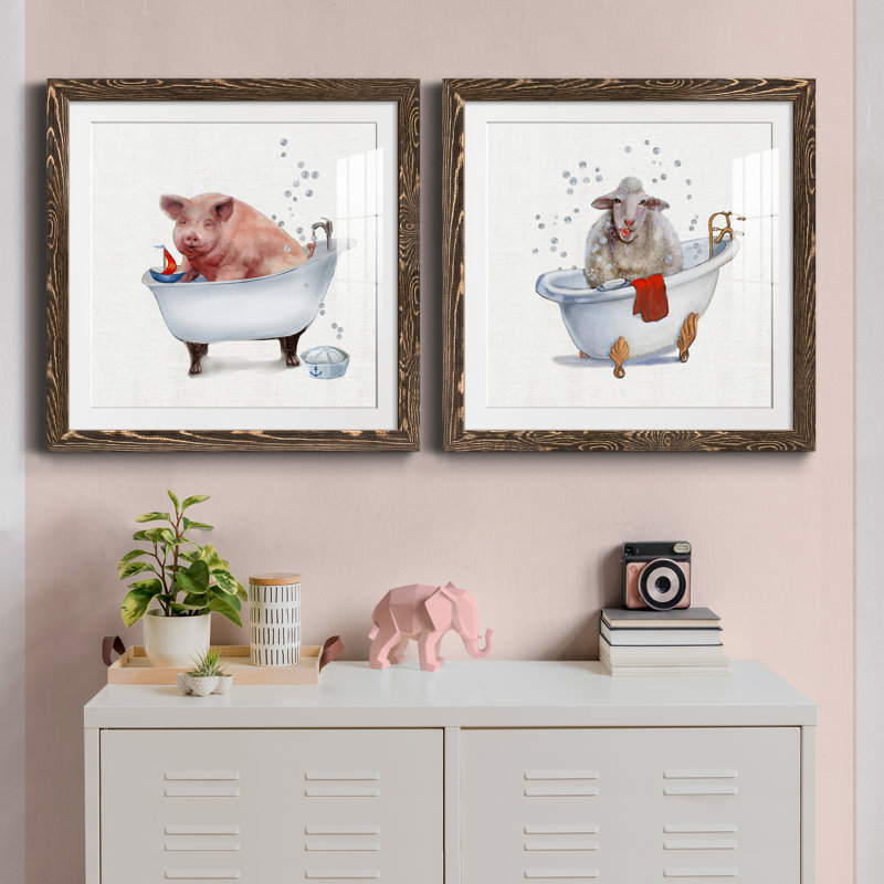 Farm Tub Pig - ensemble de 2 peintures, H 40 po x l 40 po x P 1,5 po, Papier, cadre noyer