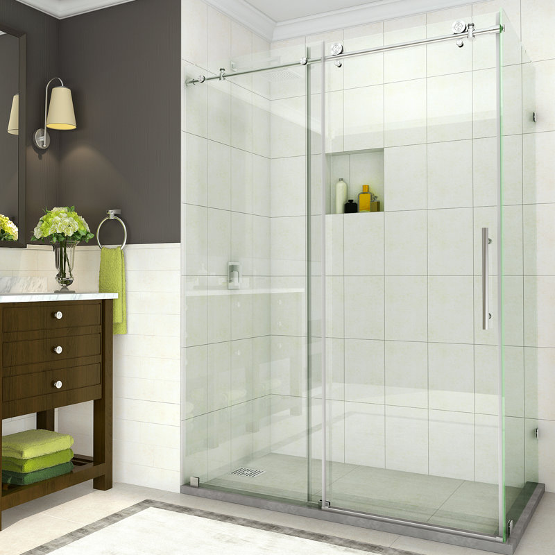 Cabine de douche à porte coulissante sans cadre l 56 po - l 60 po x P 33,875 po x H 76 po Coraline, Acier inoxydable