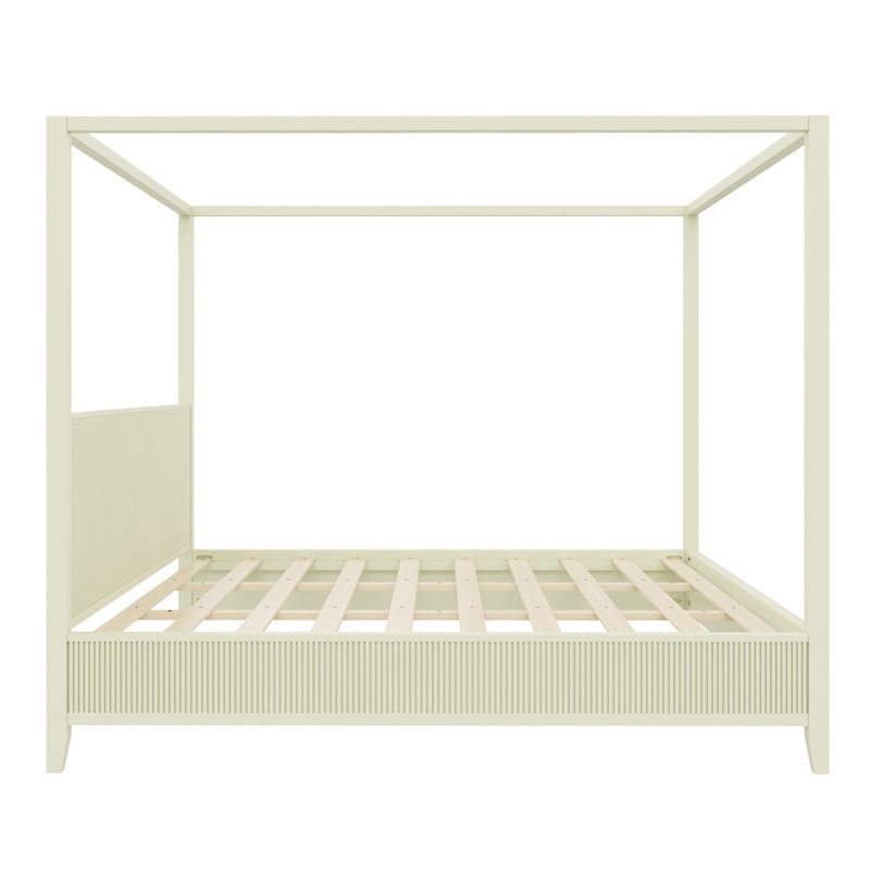 Lit plateforme à baldaquin en bois avec lattes de support, Beige, Très grand lit