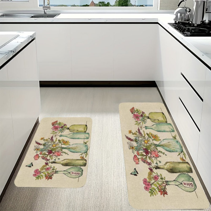 Tapis de cuisine floraux beiges, ensemble de 2 tapis de chalet pour coin cuisine et petit-déjeuner