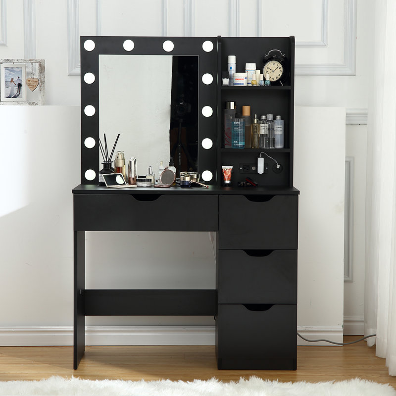 Coiffeuse de maquillage avec lumières, bureau de coiffeuse avec station de charge, étagère de rangement, table de maquillage à 4 tiroirs avec miroir éclairé, coiffeuse de chambre à coucher réglable à 3 modes d'éclairage