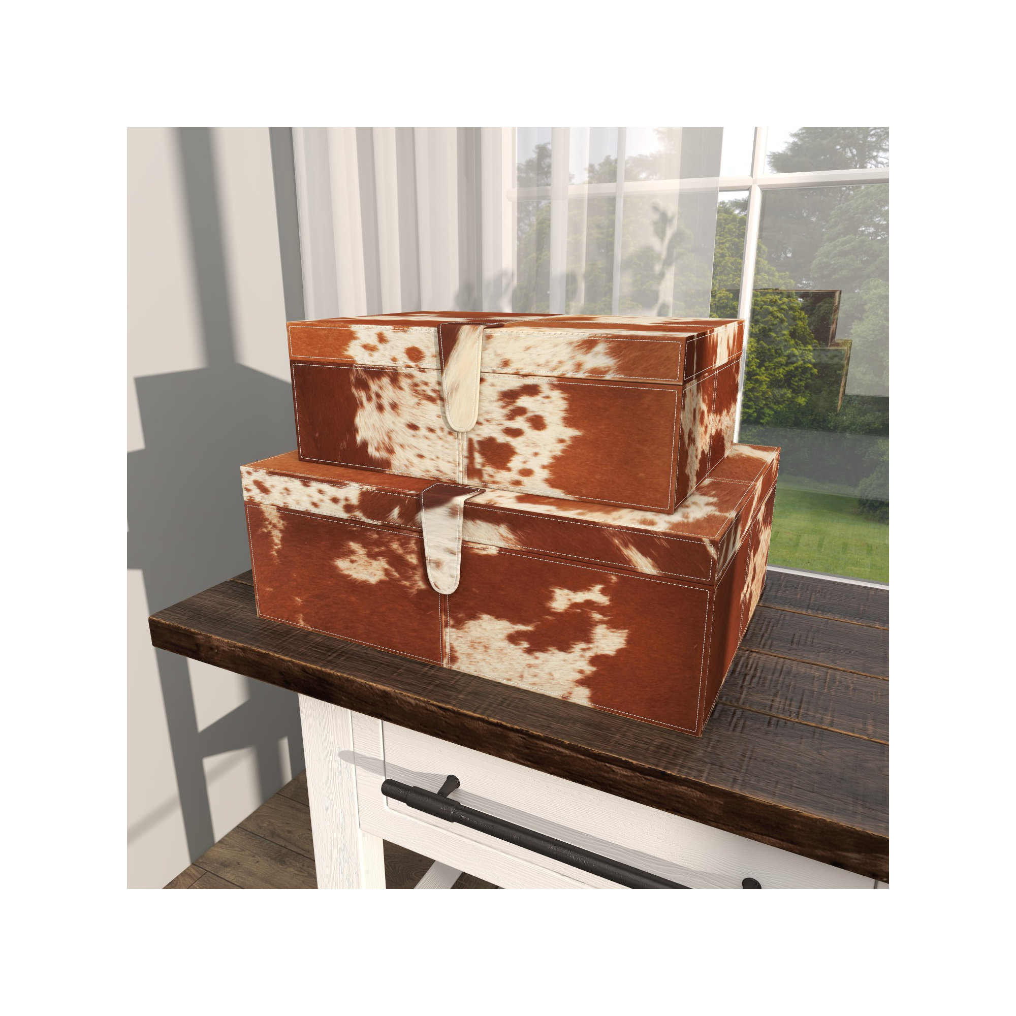 Georgine Natural Leather Hide and Wooden Decorative Box Set (Set of 2), Brown/White