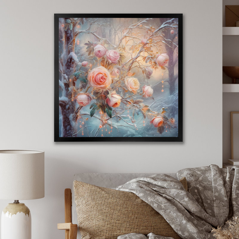 «Peach Enchanted Roses IV», reproduction sur toile, Cadre photo noir, H 16 po x l 16 po x P 1 po