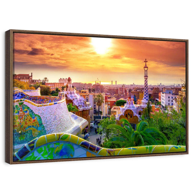 Barcelone depuis le parc Guell, 37 po x 25 po, Cadre flottant noyer