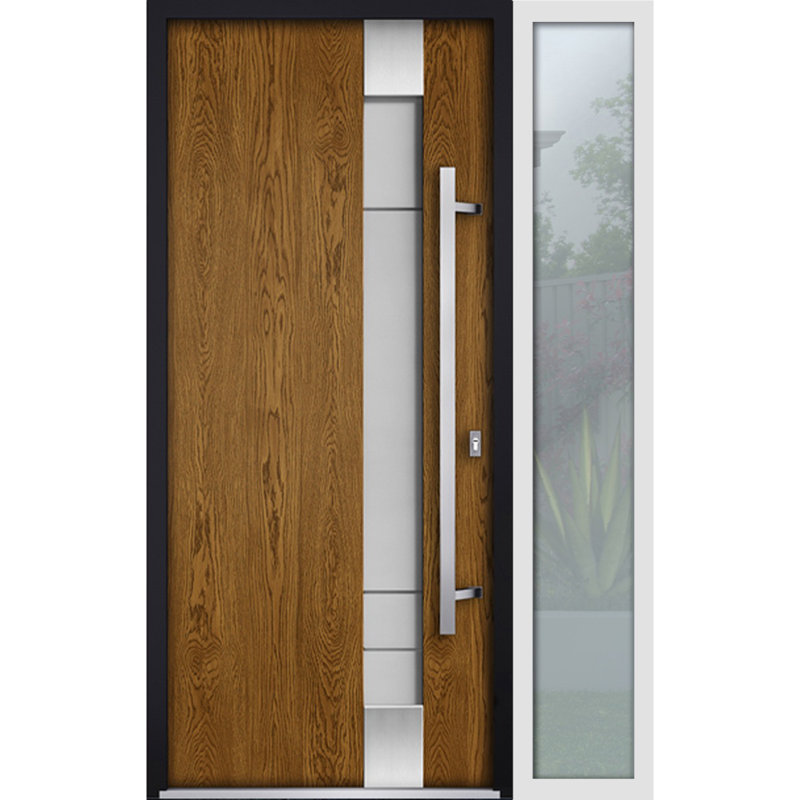Porte d'entrée extérieure prémontée en acier Deux 1713 Chêne naturel, fenêtre latérale extérieure blanche, inserts en acier inoxydable, style moderne, peinte - L 36 + 12 x H 80 - Ouverture à gauche vers l'intérieur