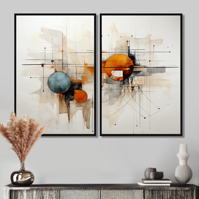 Teal Orange Line Art Conceptual Abstracts I - Teal Wall Decor