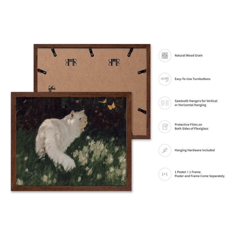 Arthur Heyer - Chat blanc et papillons, Poster, 11"H x 14"W, Brown Framed