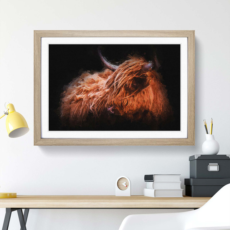 Highland Cow in the Shadows - Picture Frame Painting Print, Oak Framed, 36cm H x 48cm W x 2cm D