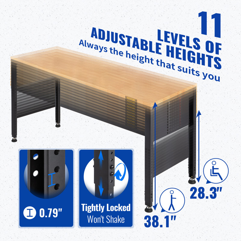 48'' W Wood Top Height-Adjustable Workbench, 38.1" H x 48" W x 20" D