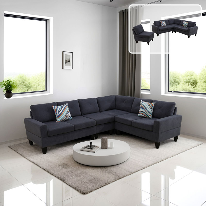 Gwenetta Velvet L-Shaped Sectional Reversible, Black, Gray Velvet